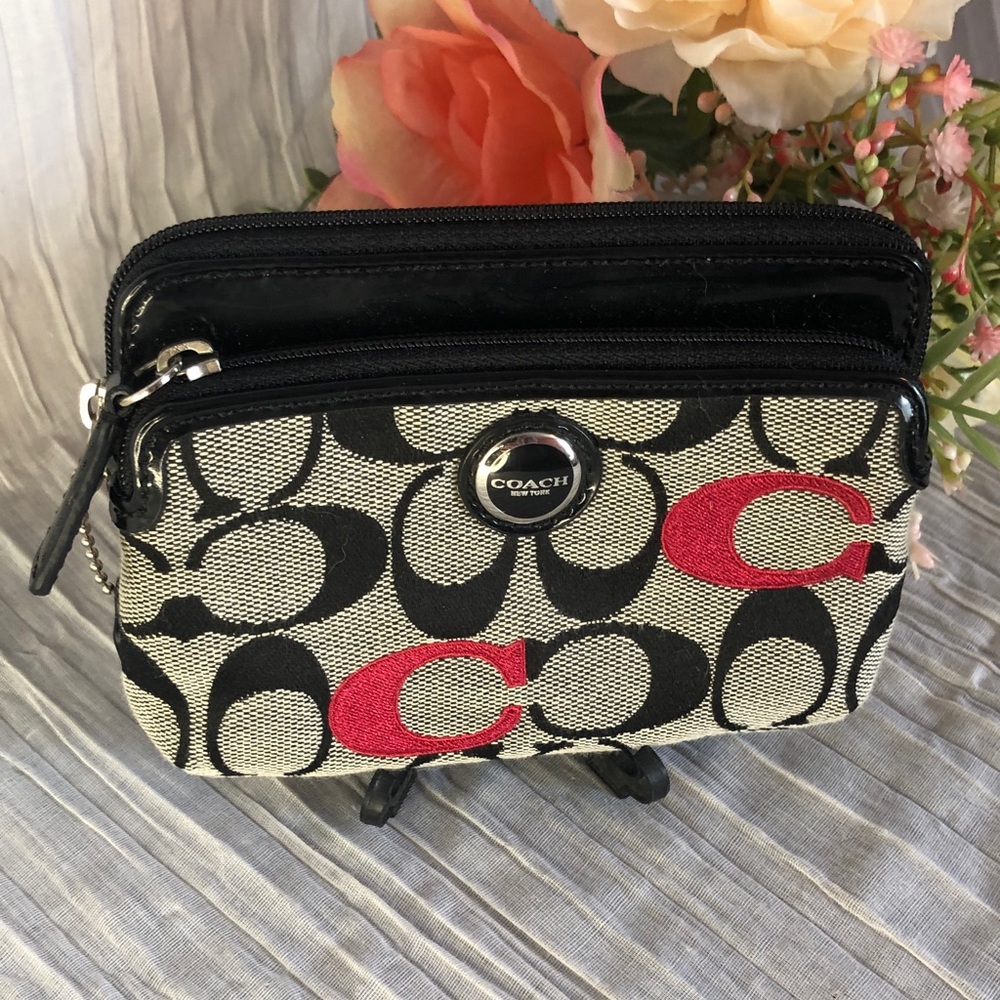 COACH wallet wristlet change purse black white red w/ signature C logo